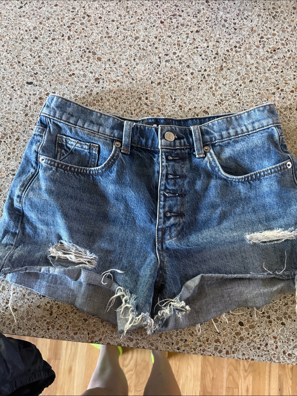 7 For All Mankind Distressed Button-Fly Denim Shorts - size 28